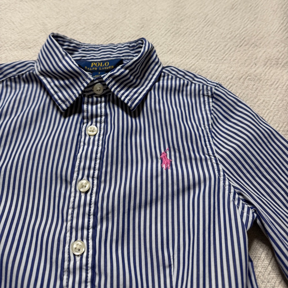 Ralph Lauren Polo Girls White Blue Striped Poplin Cotton Shirt Dress 7 Preppy - Picture 5 of 9